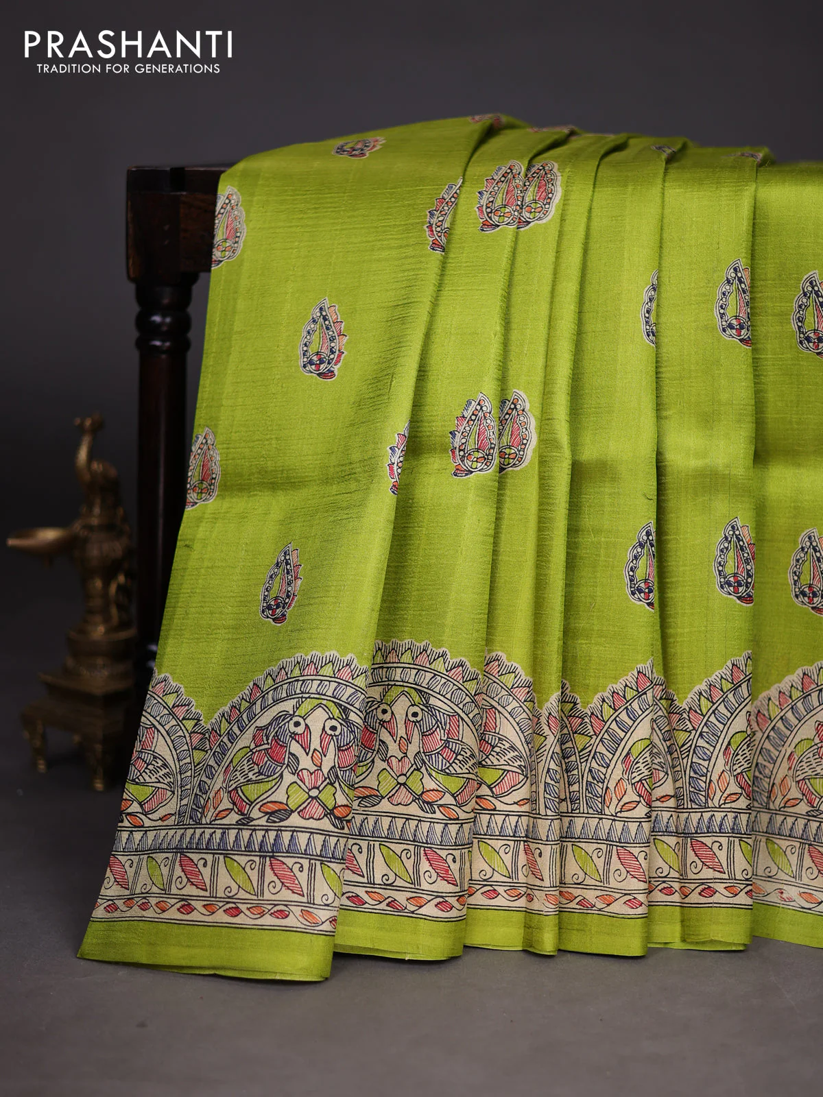 Madhubani printed silk saree light green with butta prints and madhubani printed border
