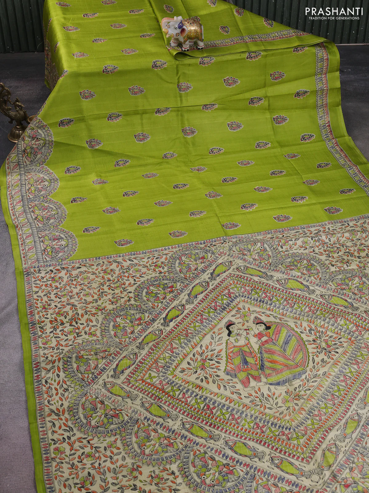 Madhubani printed silk saree light green with butta prints and madhubani printed border - Image 2
