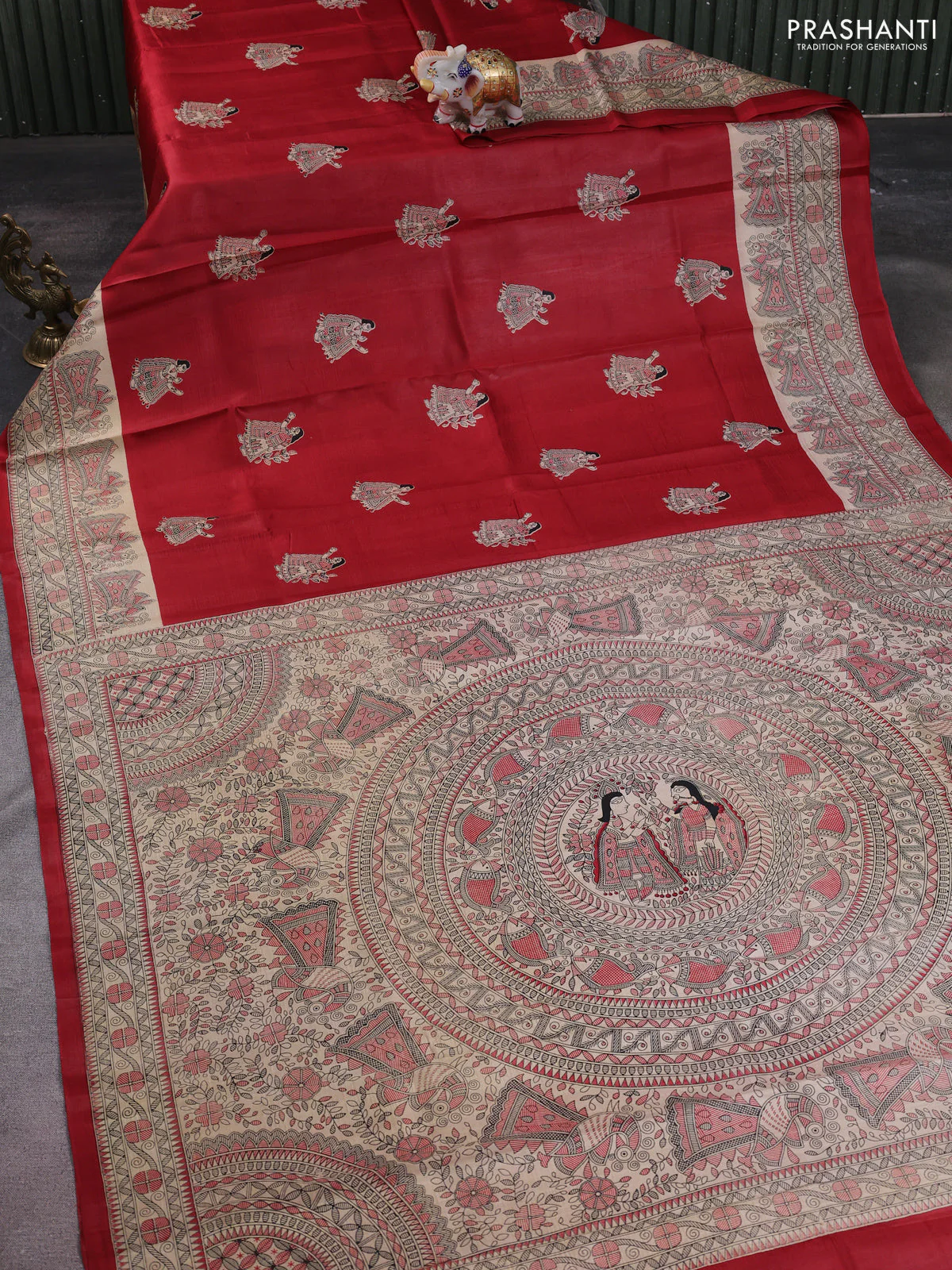 Madhubani printed silk saree maroon and beige with butta prints and madhubani printed border - Image 2