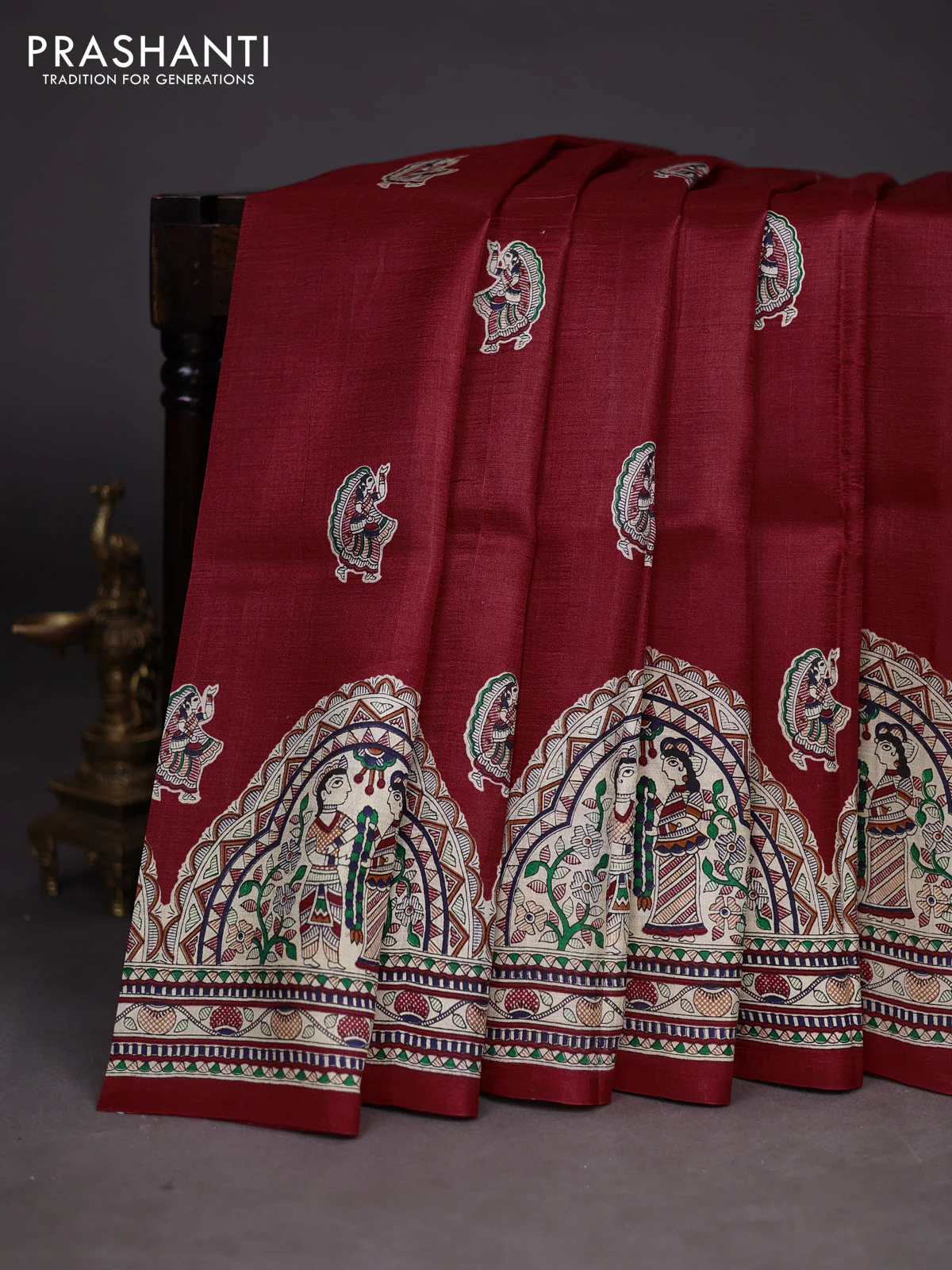 Madhubani printed silk saree maroon and cream with butta prints and madhubani printed border