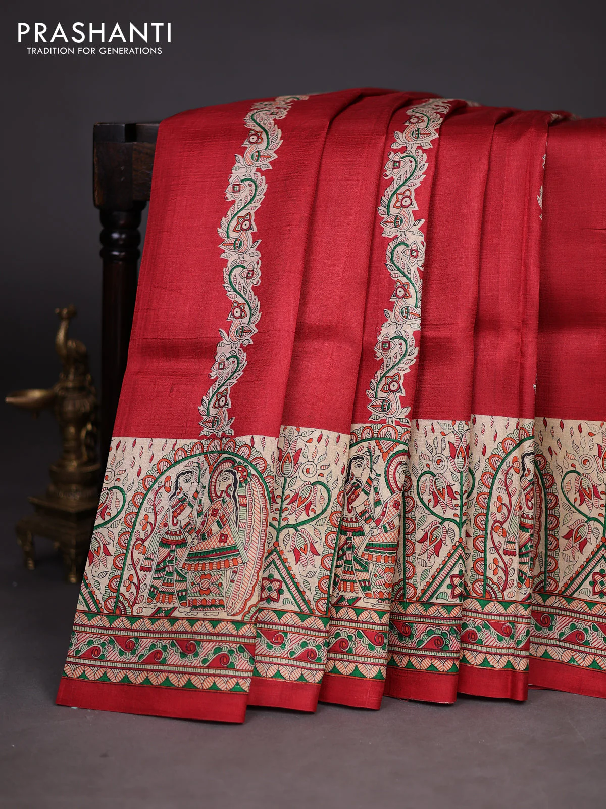 Madhubani printed silk saree maroon and cream with butta prints and madhubani printed border