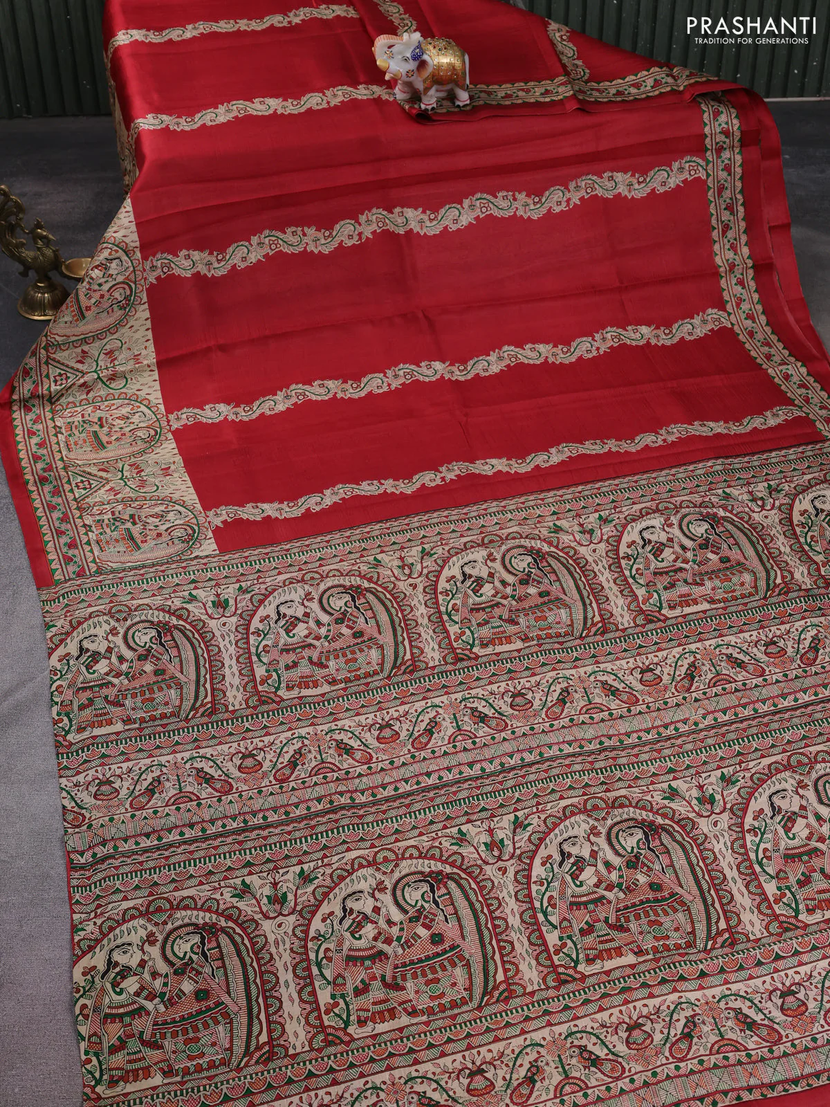 Madhubani printed silk saree maroon and cream with butta prints and madhubani printed border - Image 2