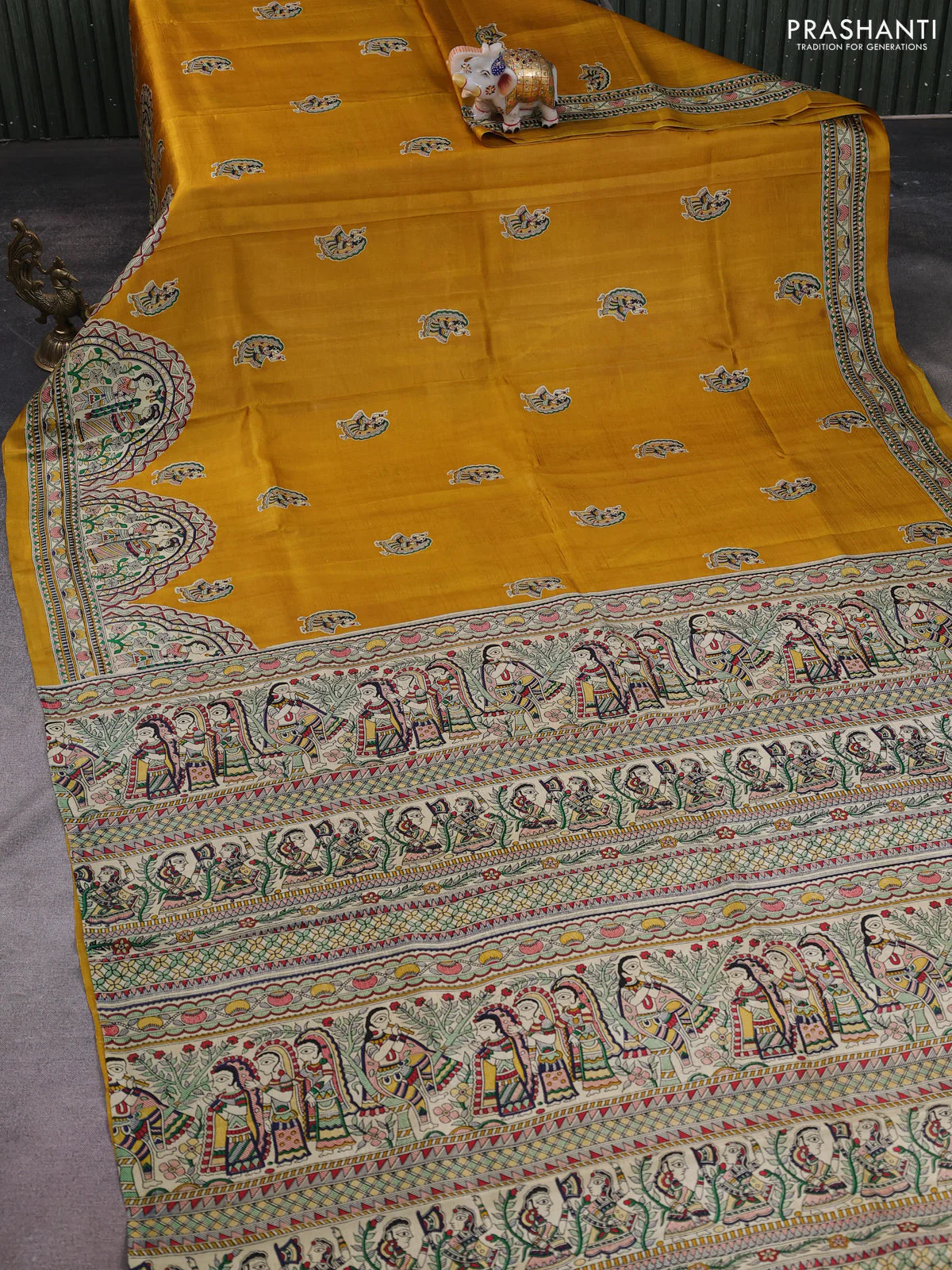Madhubani printed silk saree mustard yellow and cream with butta prints and madhubani printed border - Image 2