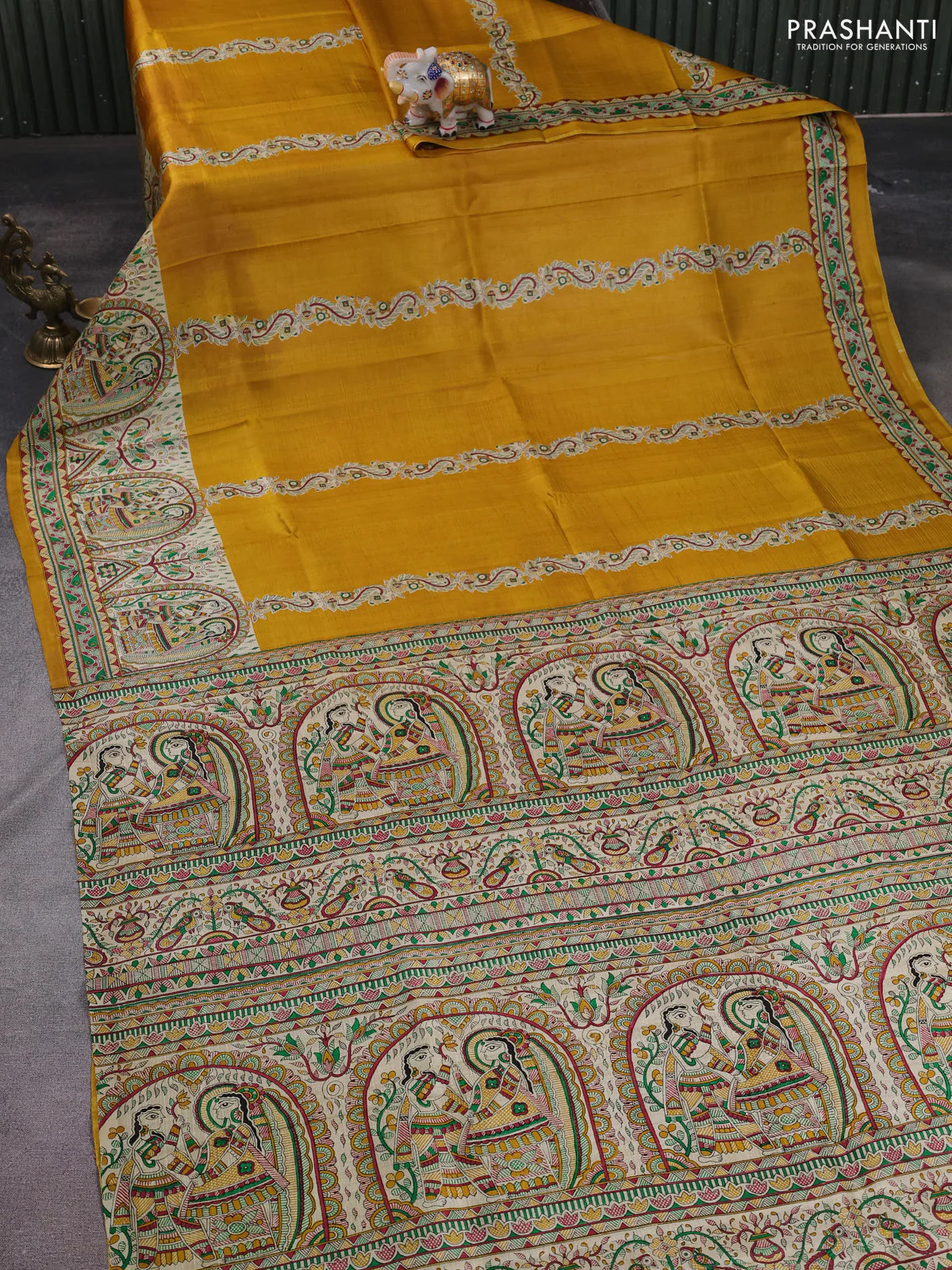 Madhubani printed silk saree mustard yellow and cream with butta prints and madhubani printed border - Image 2