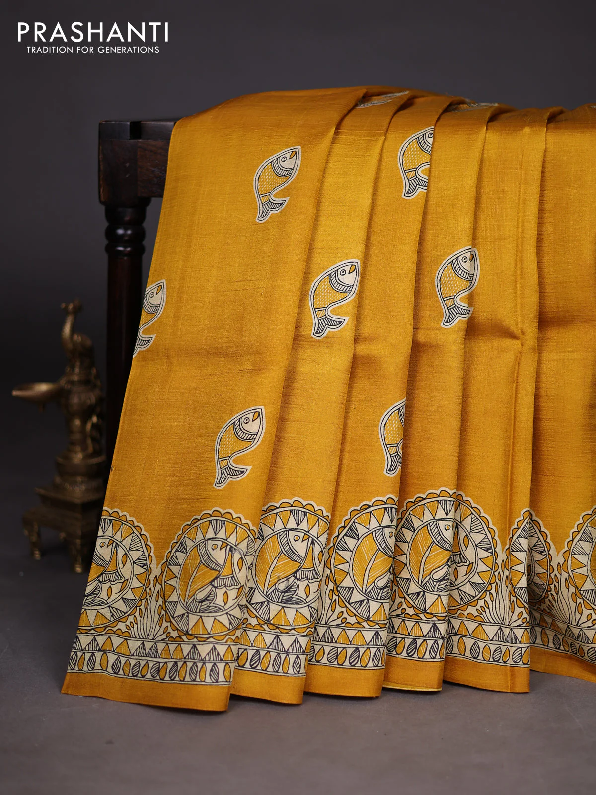 Madhubani printed silk saree mustard yellow with butta prints and madhubani printed border