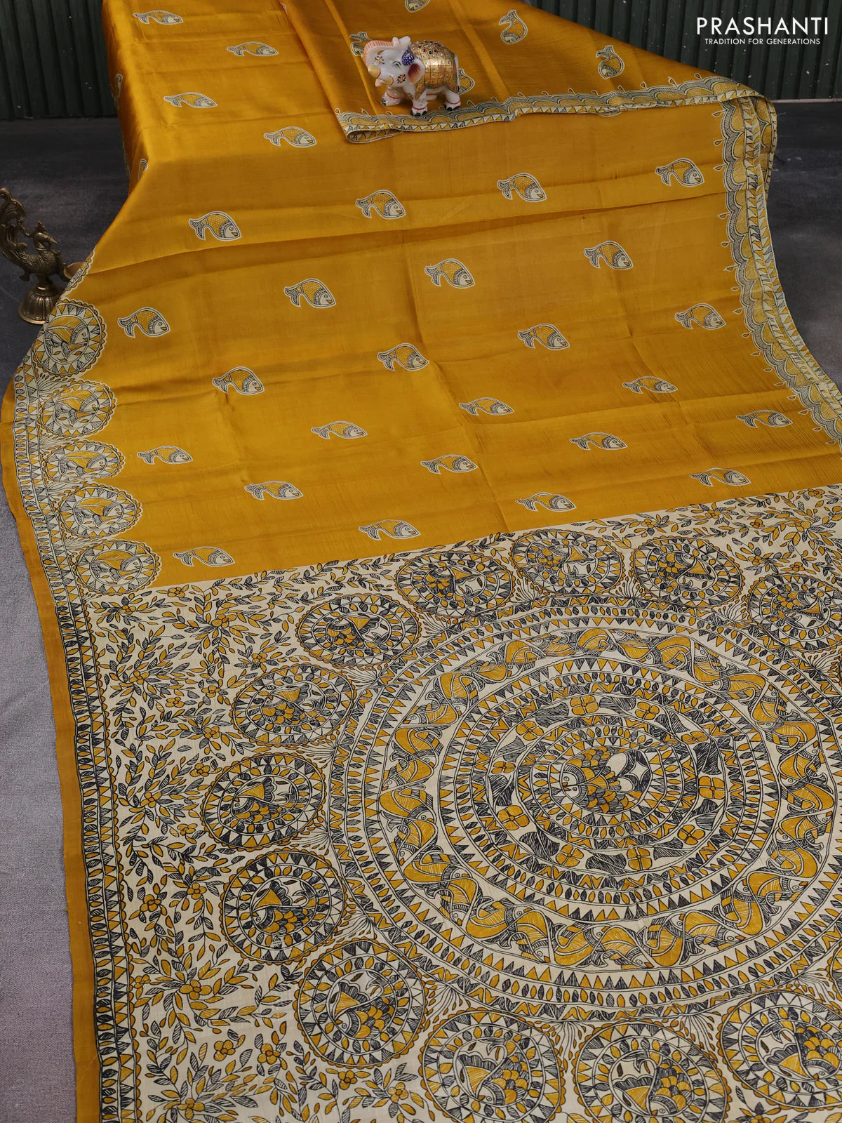 Madhubani printed silk saree mustard yellow with butta prints and madhubani printed border - Image 2