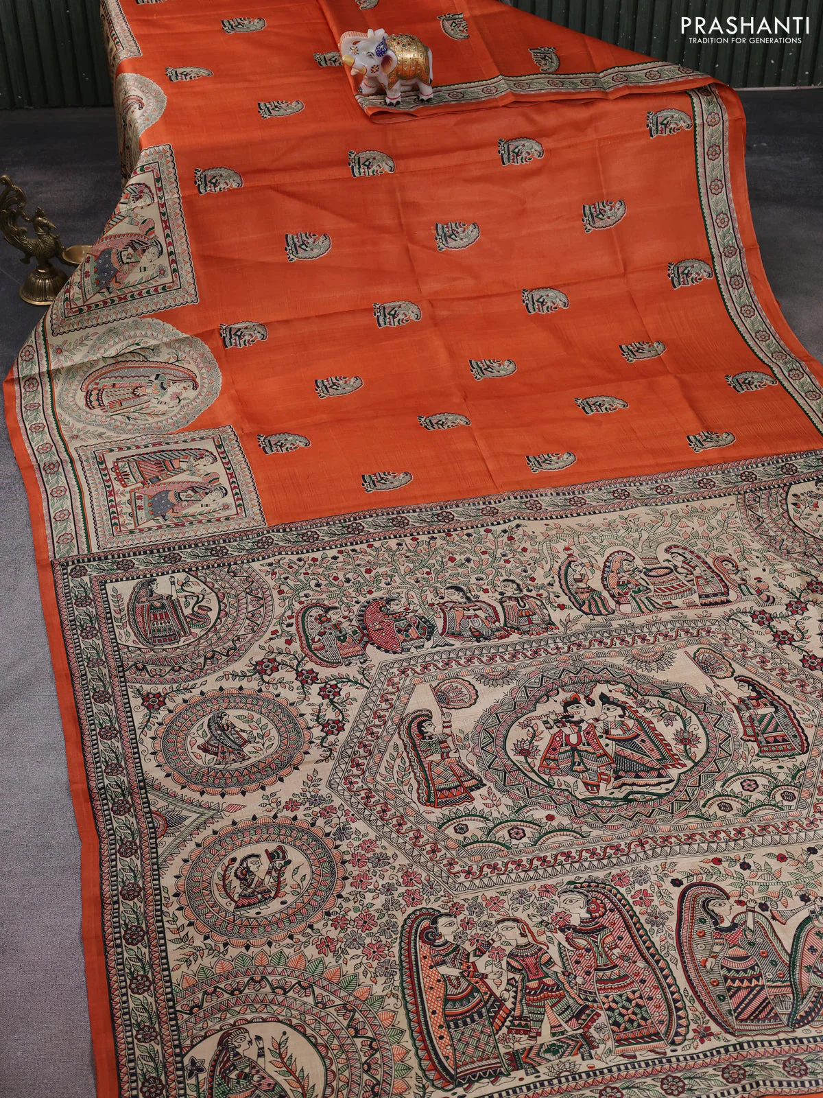 Madhubani printed silk saree orange and cream with butta prints and madhubani printed border - Image 2