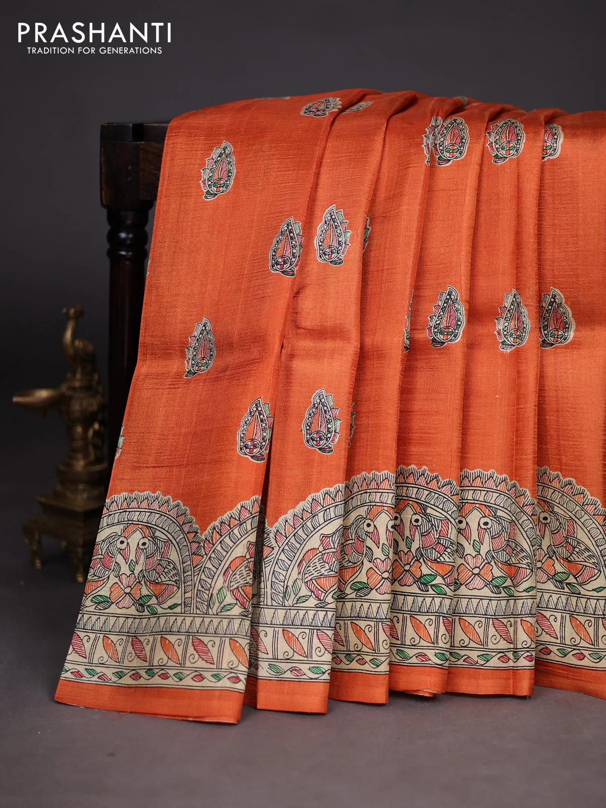 Madhubani printed silk saree orange with butta prints and madhubani printed border