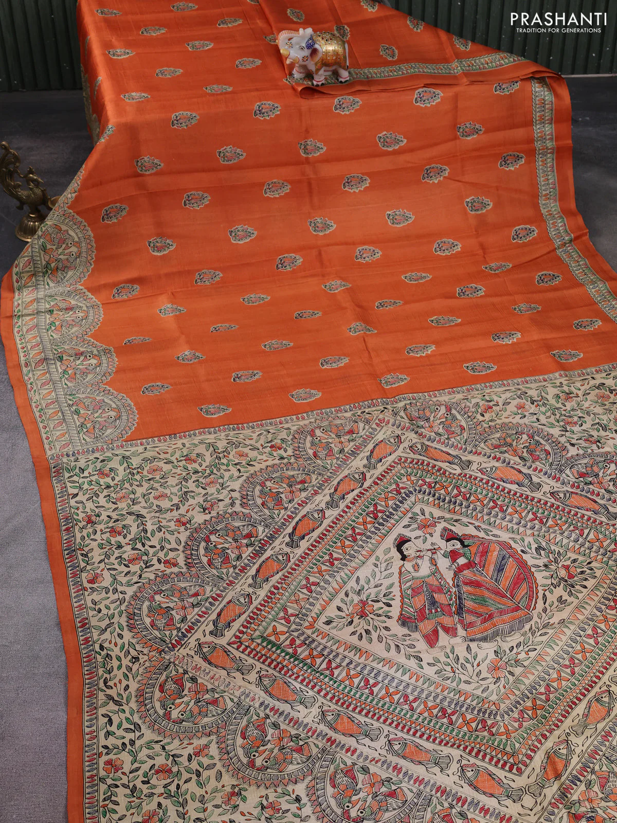 Madhubani printed silk saree orange with butta prints and madhubani printed border - Image 2
