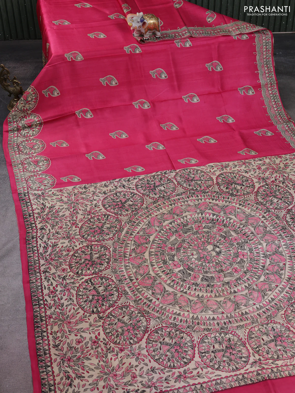 Madhubani printed silk saree peach pink and cream with butta prints and madhubani printed border - Image 2