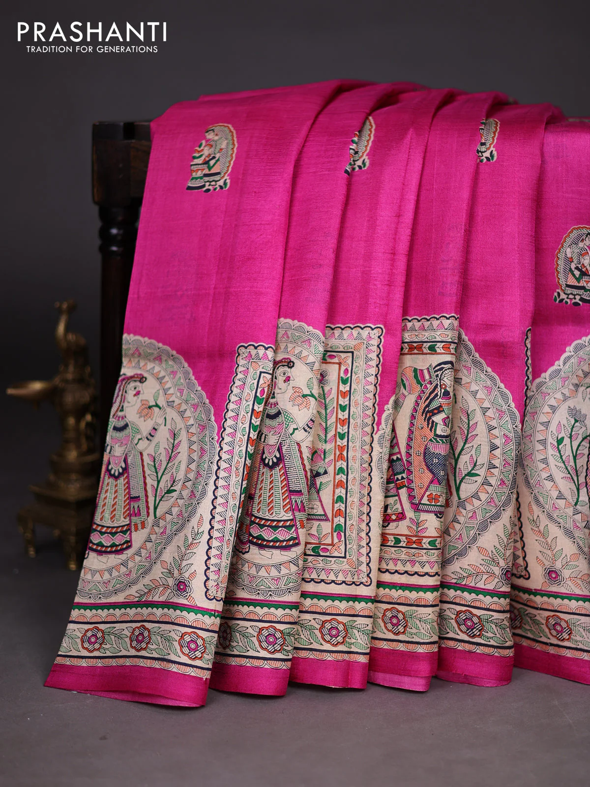 Madhubani printed silk saree pink and cream with butta prints and madhubani printed border