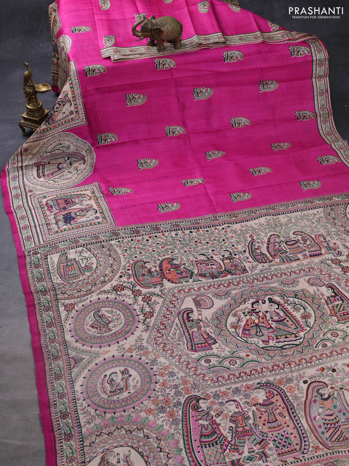 Madhubani printed silk saree pink and cream with butta prints and madhubani printed border - Image 2