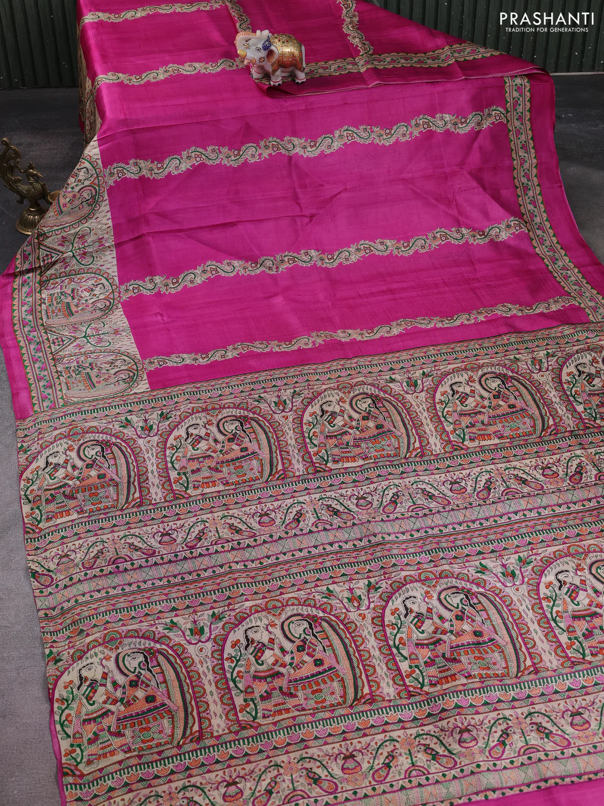 Madhubani printed silk saree pink and cream with butta prints and madhubani printed border - Image 2