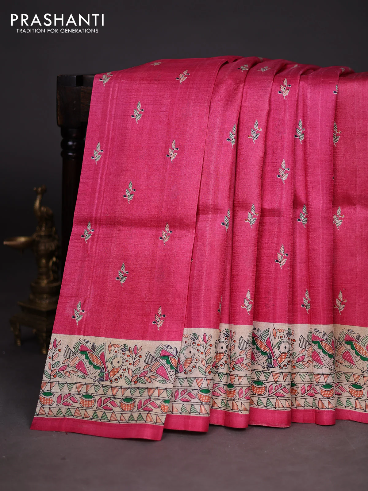 Madhubani printed silk saree pink and cream with butta prints and madhubani printed border