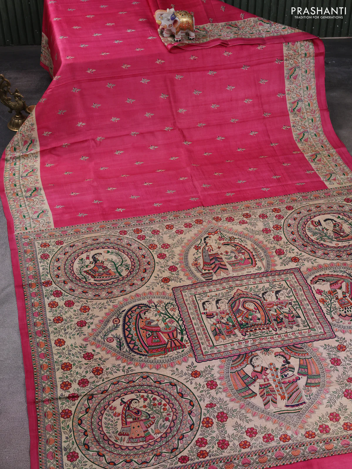 Madhubani printed silk saree pink and cream with butta prints and madhubani printed border - Image 2