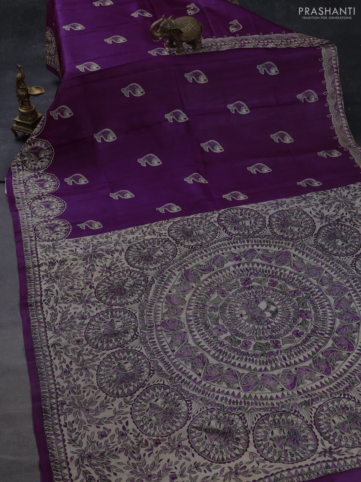 Madhubani printed silk saree purple and cream with butta prints and madhubani printed border - Image 2