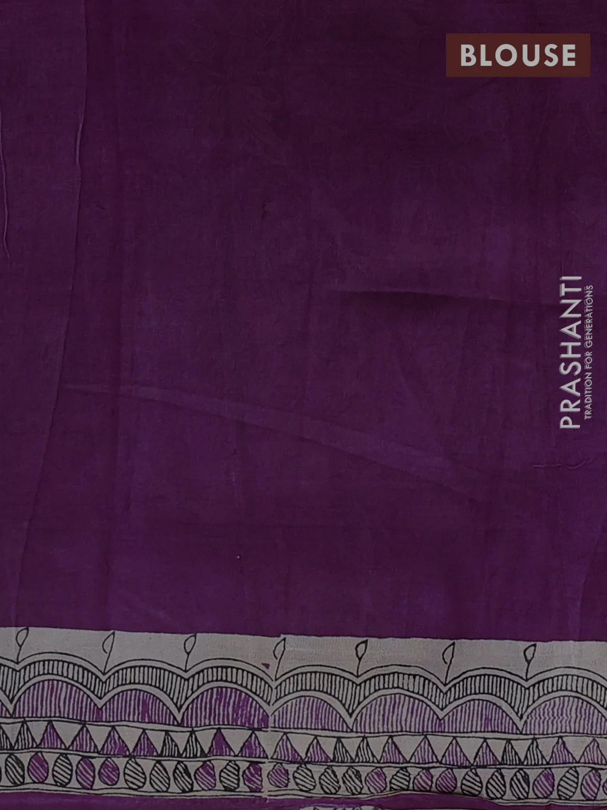 Madhubani printed silk saree purple and cream with butta prints and madhubani printed border - Image 3
