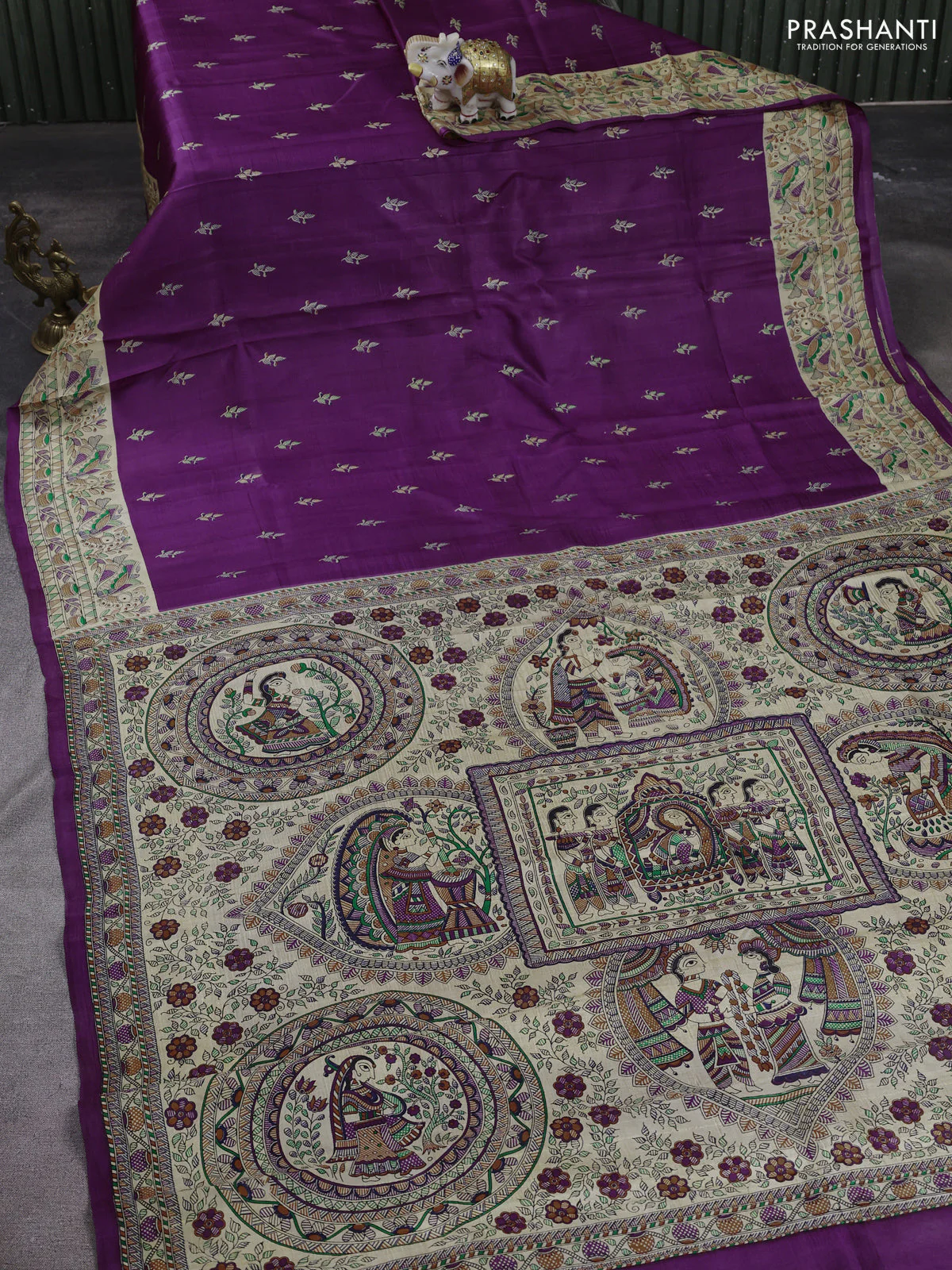 Madhubani printed silk saree purple and cream with butta prints and madhubani printed border - Image 2