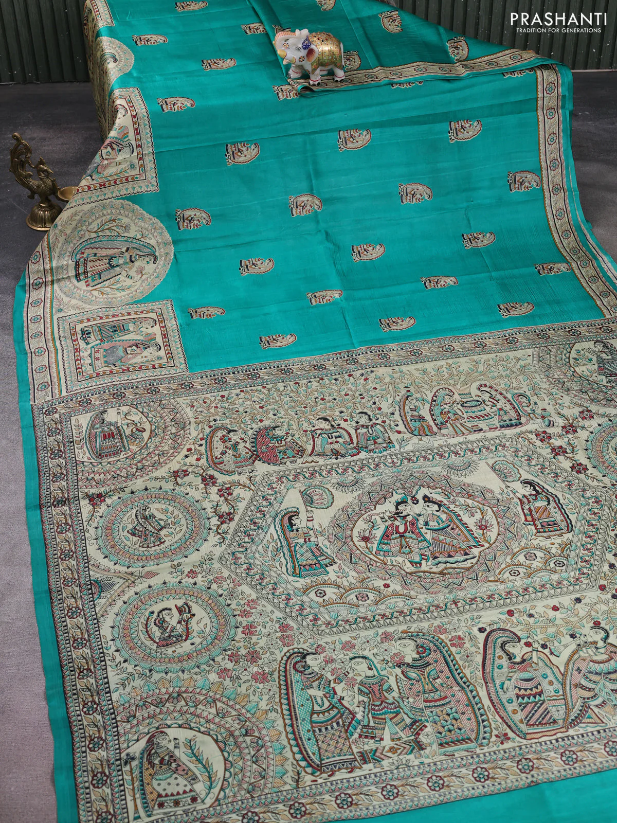 Madhubani printed silk saree teal green and cream with butta prints and madhubani printed border - Image 2