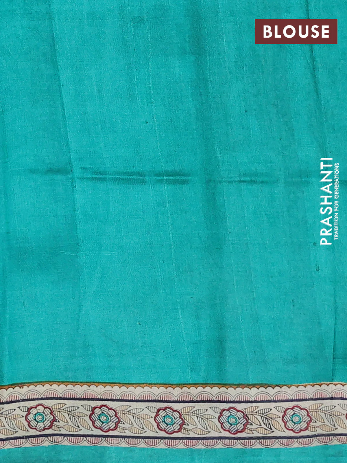 Madhubani printed silk saree teal green and cream with butta prints and madhubani printed border - Image 3