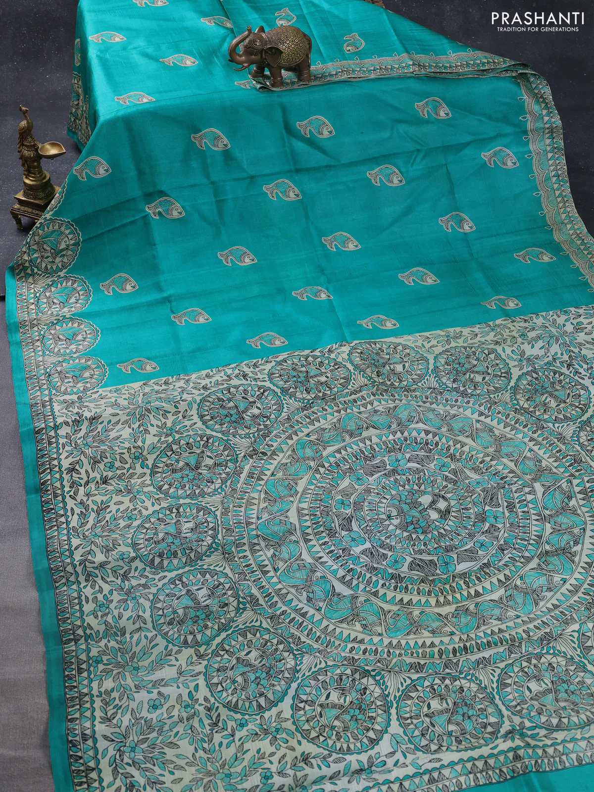 Madhubani printed silk saree teal green and cream with butta prints and madhubani printed border - Image 2