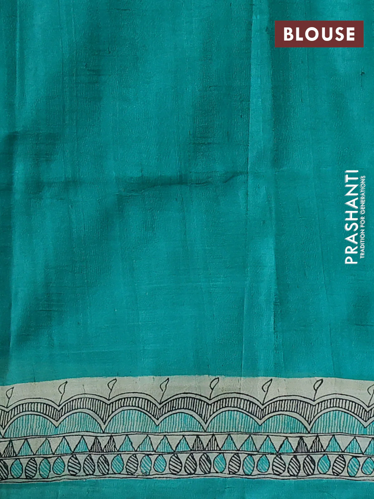 Madhubani printed silk saree teal green and cream with butta prints and madhubani printed border - Image 3