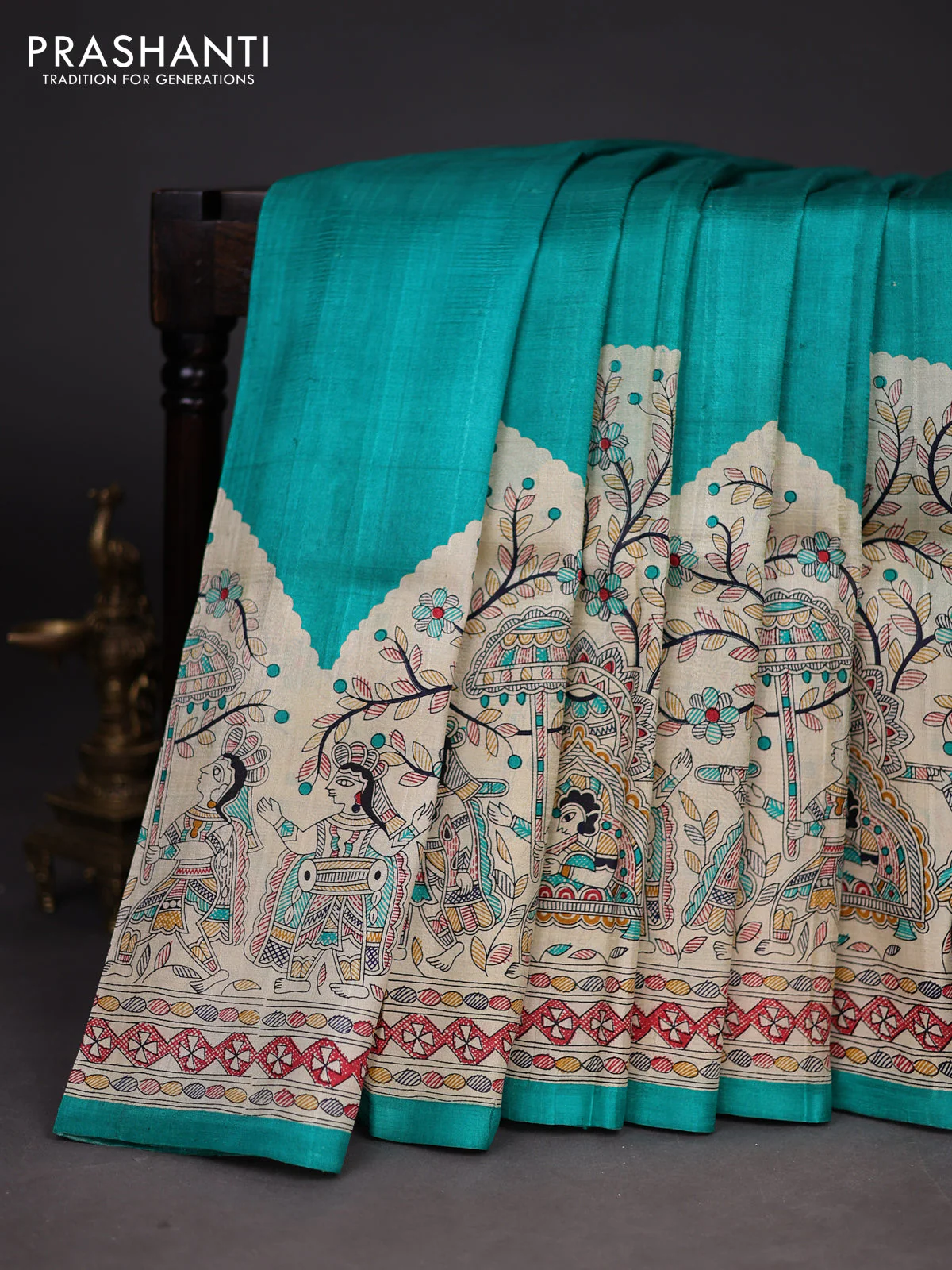 Madhubani printed silk saree teal green with plain body and long madhubani printed border