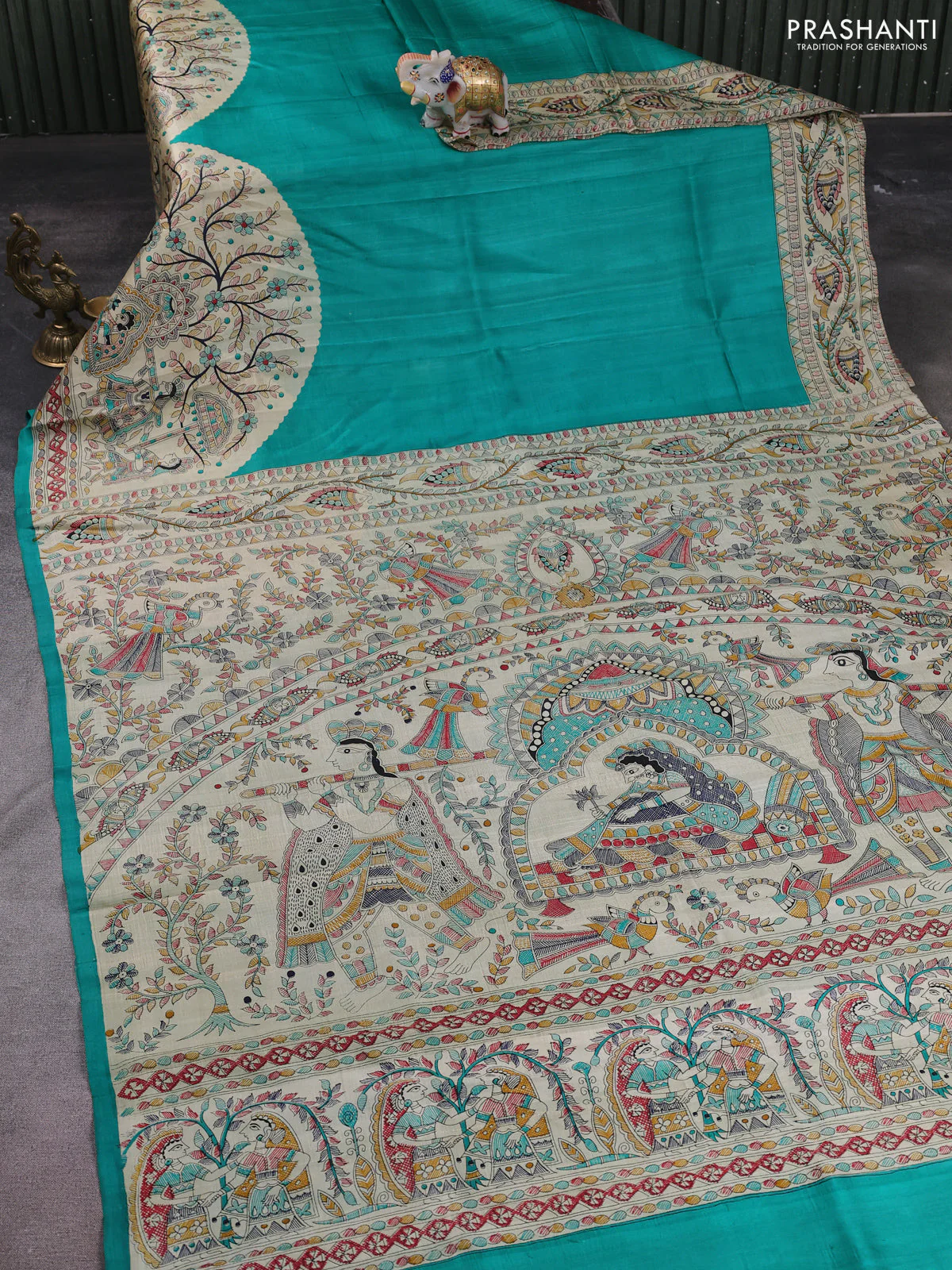 Madhubani printed silk saree teal green with plain body and long madhubani printed border - Image 2