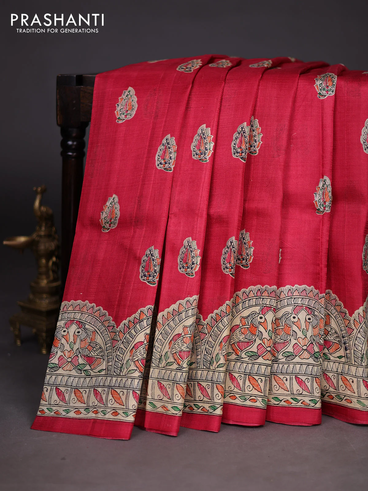Madhubani printed silk saree tomato pink with butta prints and madhubani printed border