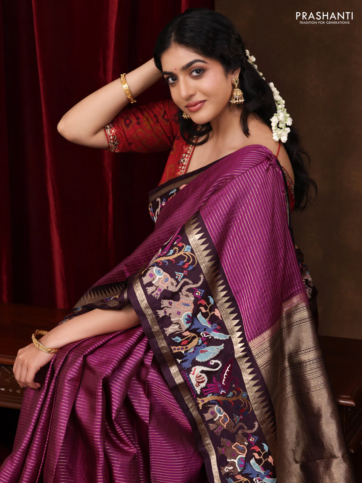Magenta pink -Deep wine Pure kanchipuram silk saree with Border Embroidery - Image 2
