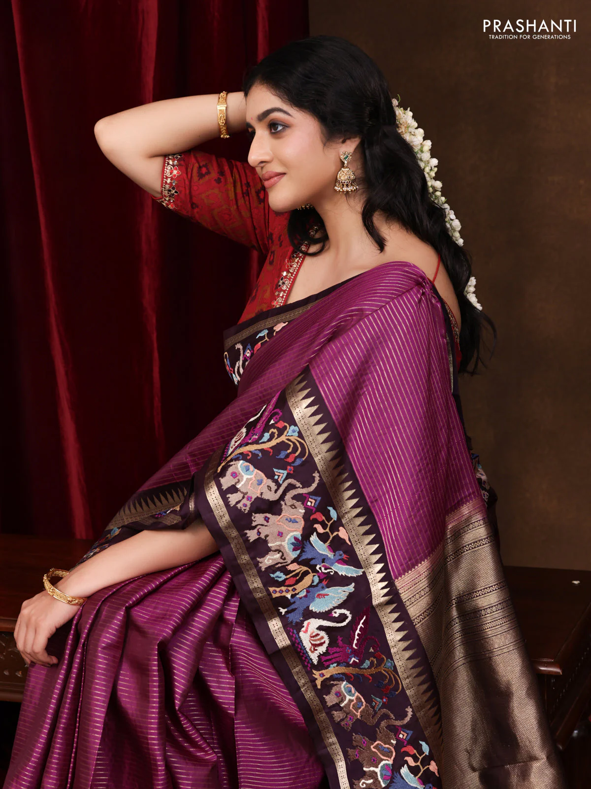 Magenta pink -Deep wine Pure kanchipuram silk saree with Border Embroidery - Image 3