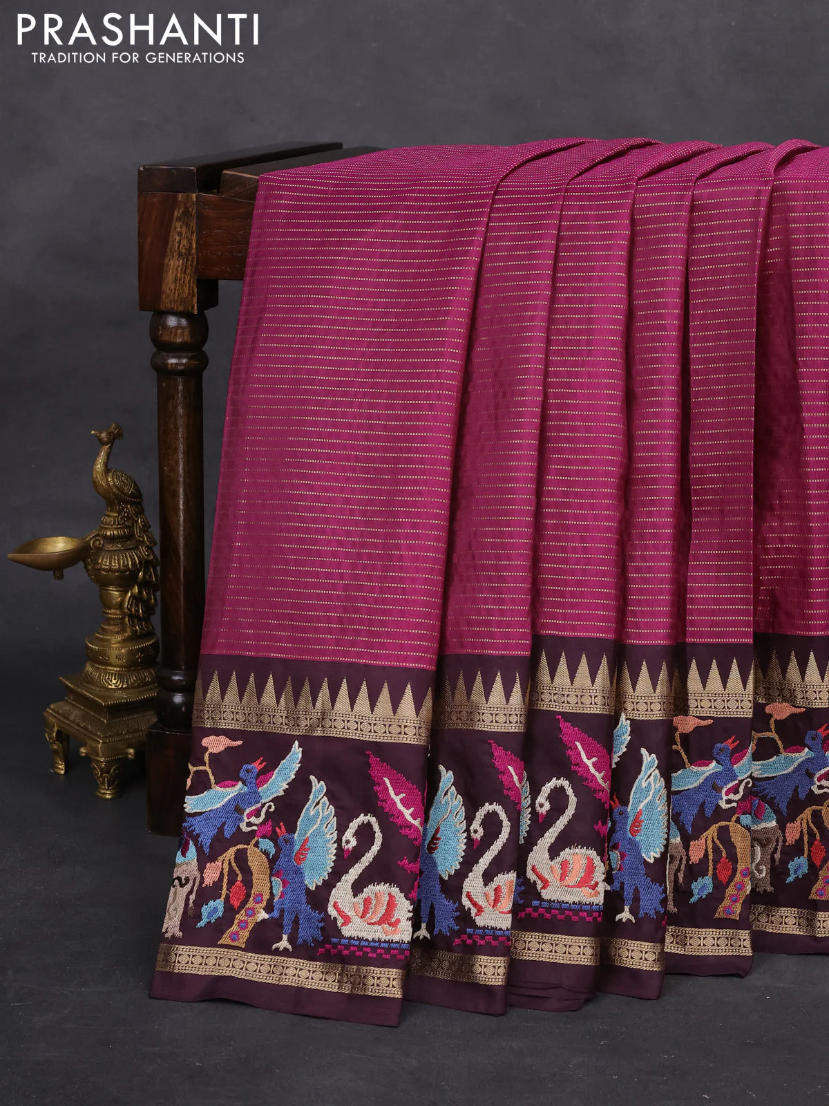 Magenta pink -Deep wine Pure kanchipuram silk saree with Border Embroidery - Image 6
