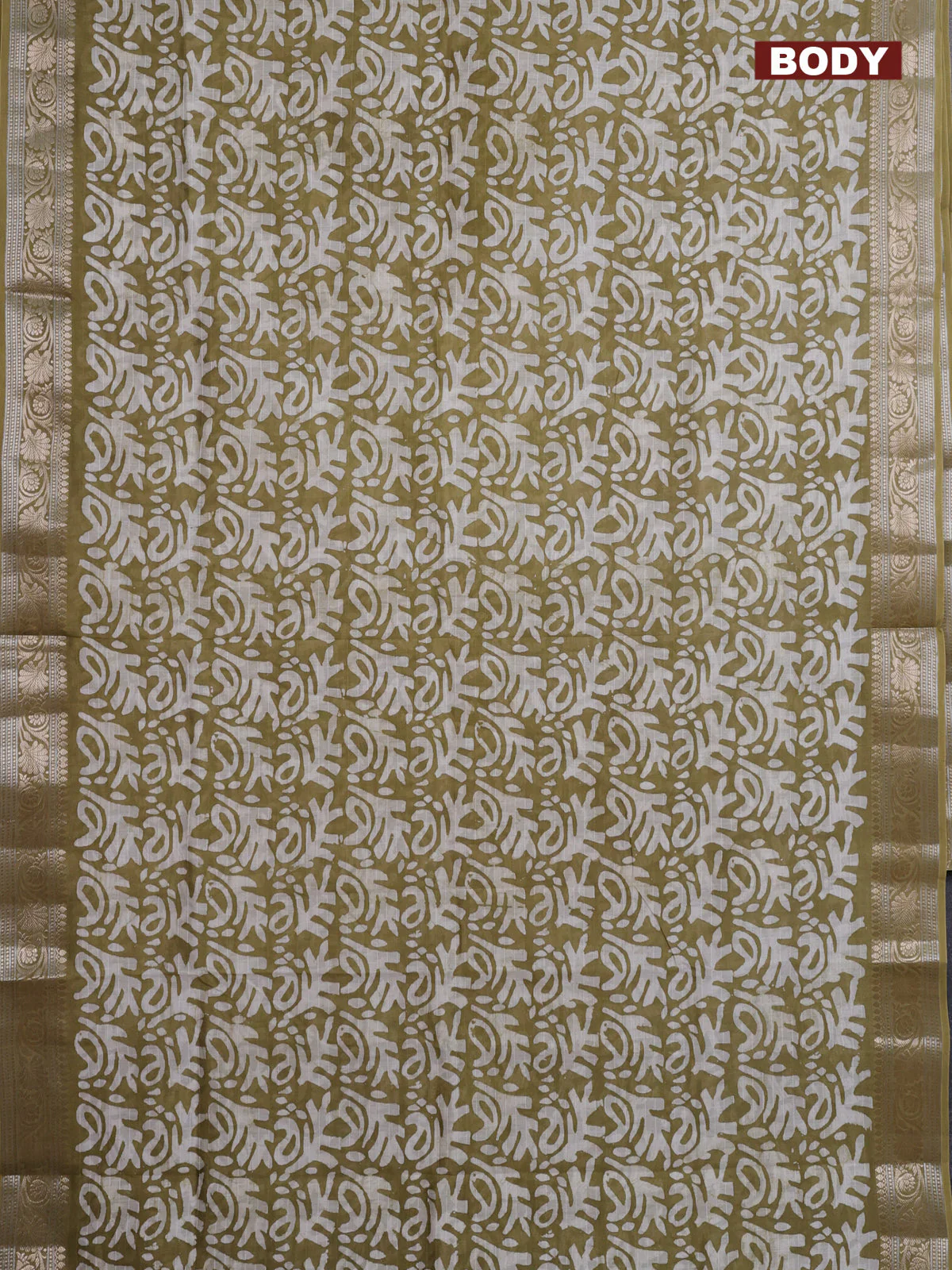 Maheshwari silk cotton saree elaichi green with batik prints and zari woven border - Image 2