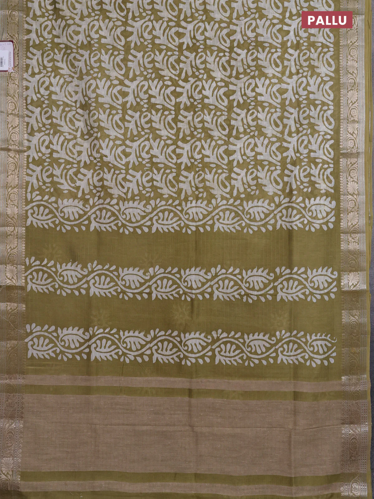 Maheshwari silk cotton saree elaichi green with batik prints and zari woven border - Image 3