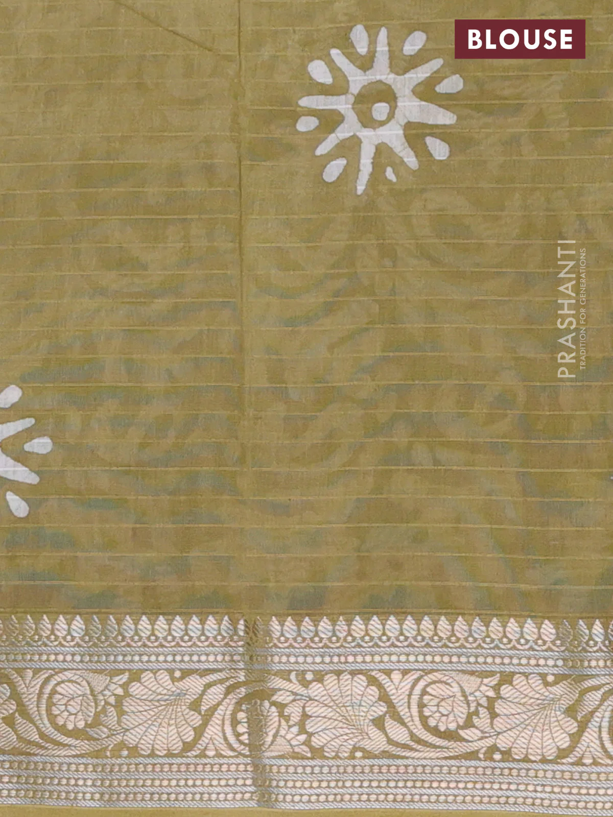 Maheshwari silk cotton saree elaichi green with batik prints and zari woven border - Image 4