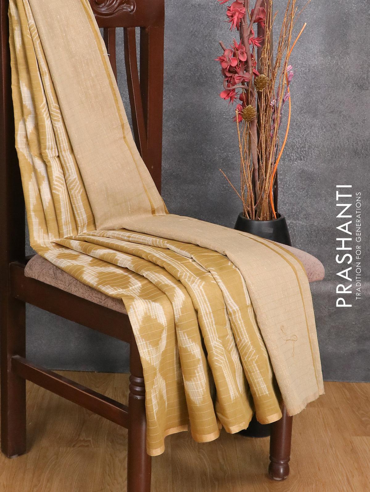Maheshwari silk cotton saree khaki shade with allover geometric prints and zari woven piping border - Image 3