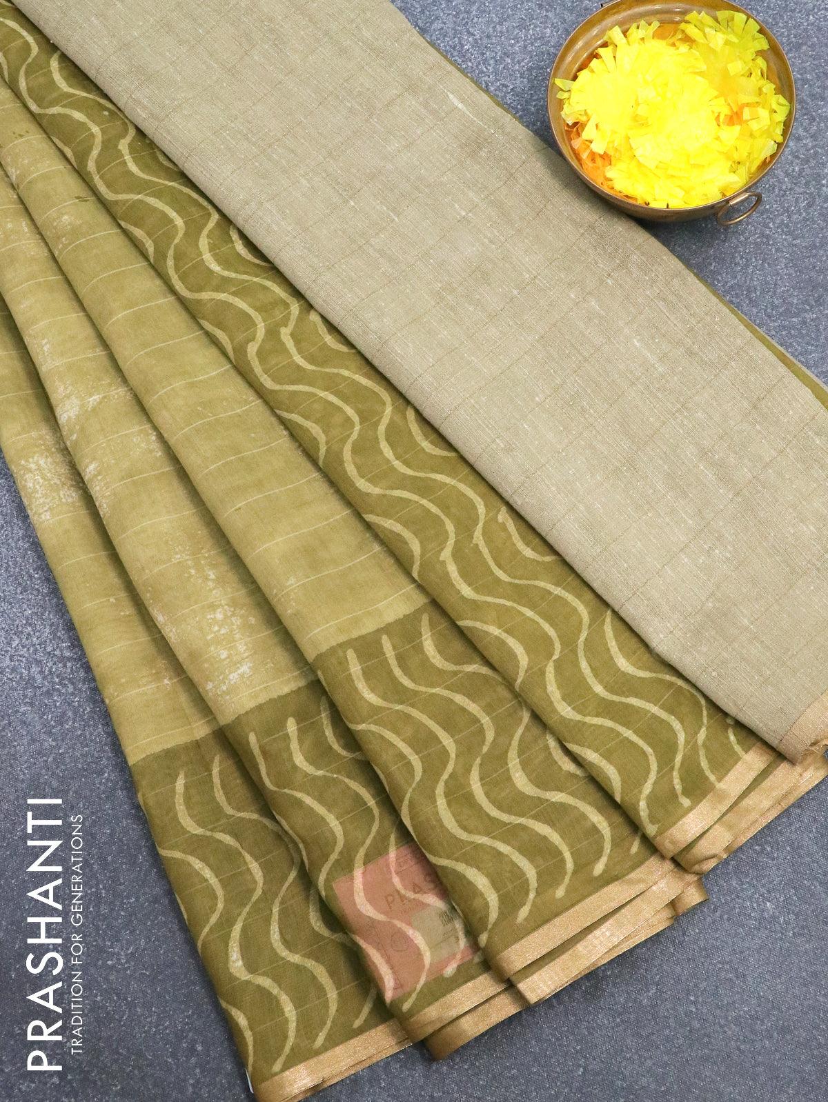 Maheshwari silk cotton saree mehendi green with allover batik prints and zari woven piping border