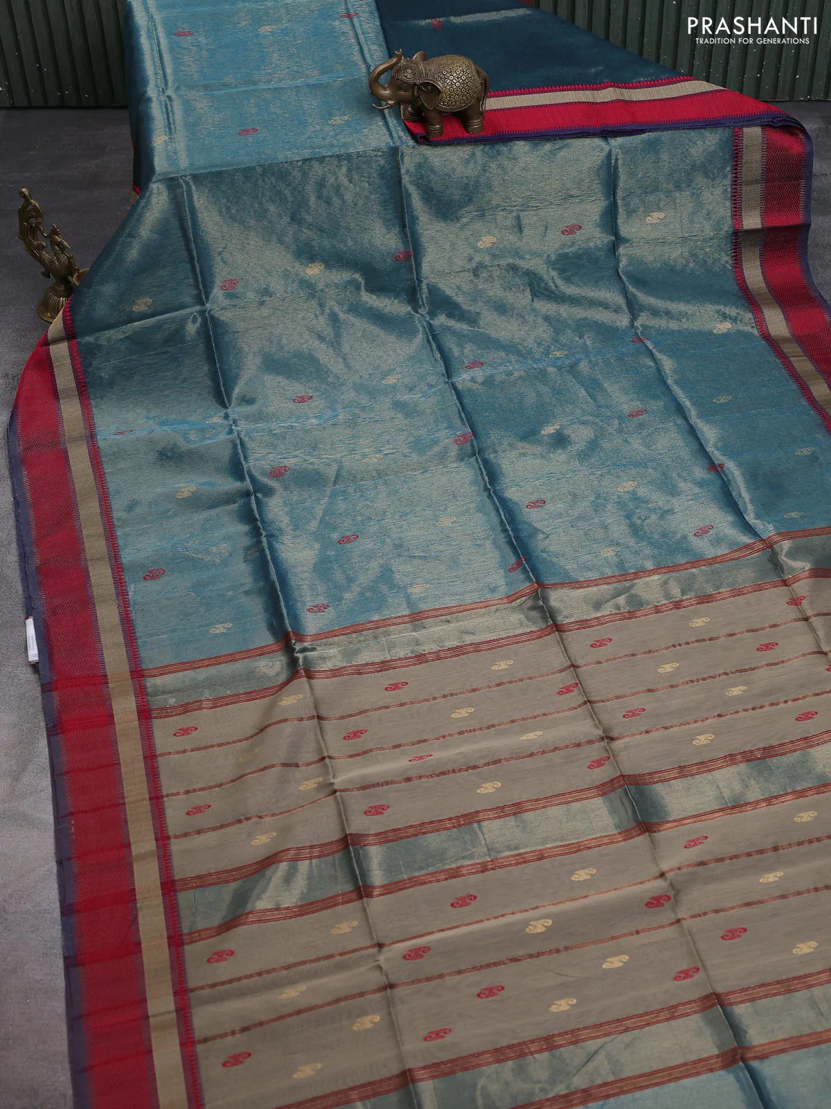 Maheshwari tissue silk cotton saree cs blue and beige red with thread & zari woven buttas and thread woven border - Image 2