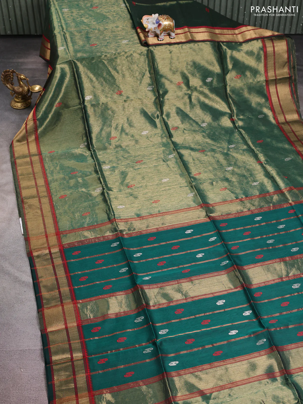 Maheshwari tissue silk cotton saree green and red with thread woven buttas and thread woven border - Image 2
