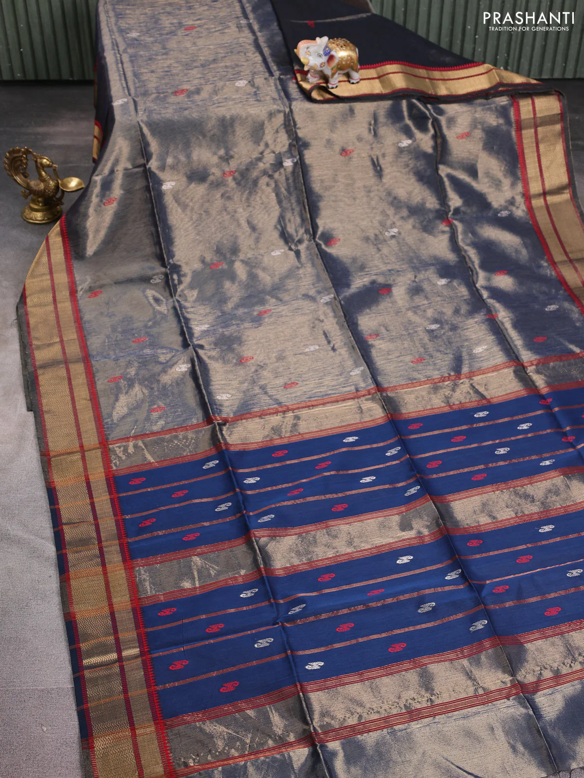 Maheshwari tissue silk cotton saree peacock blue with thread & zari woven buttas and zari woven border - Image 2