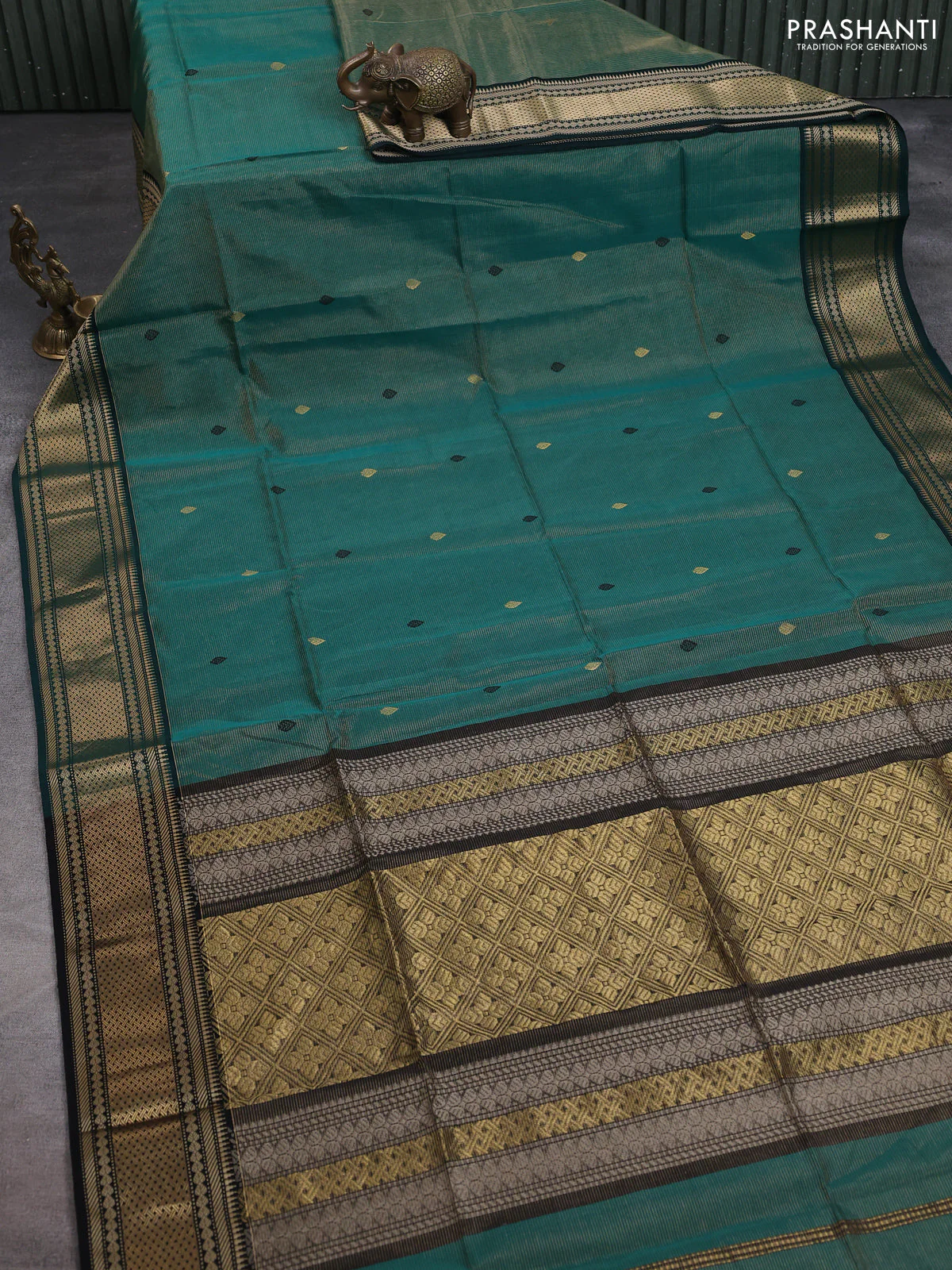 Maheshwari tissue silk cotton saree teal green and black with allover vairosi pattern & buttas and zari woven border - Image 2