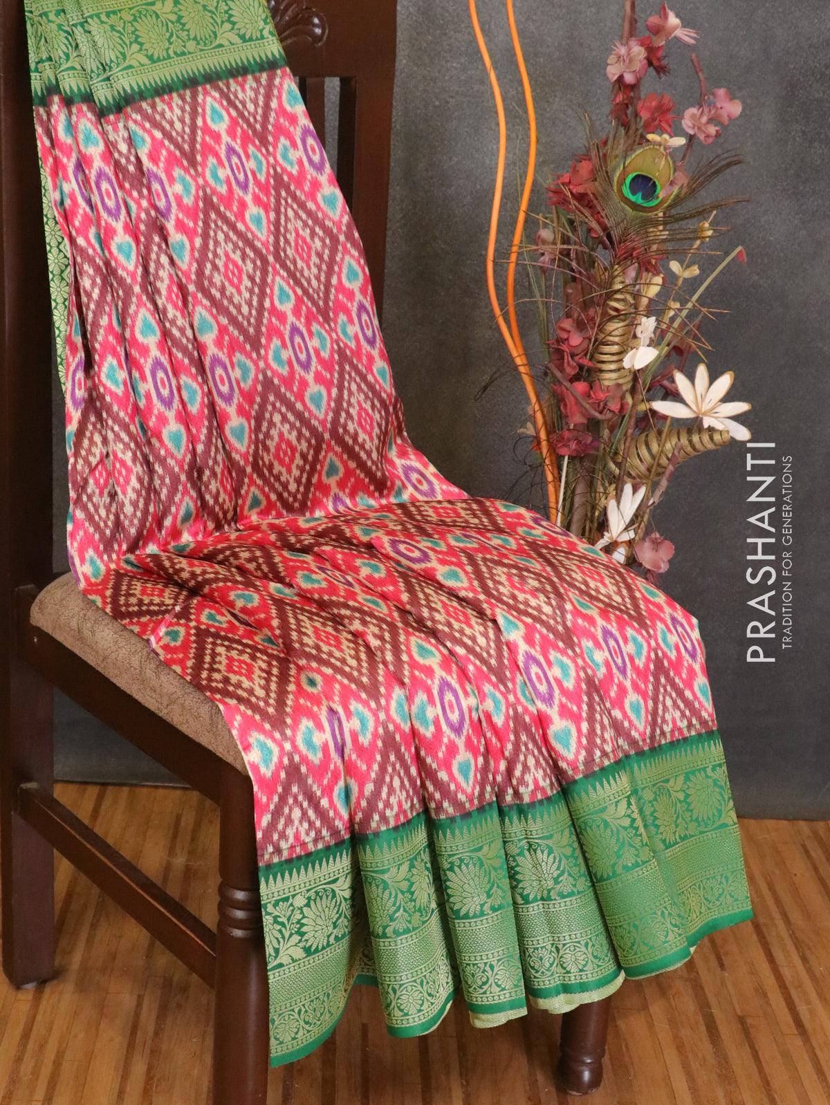 Malai silk saree pink and green with allover self emboss ikat prints and floral zari woven border - Image 2