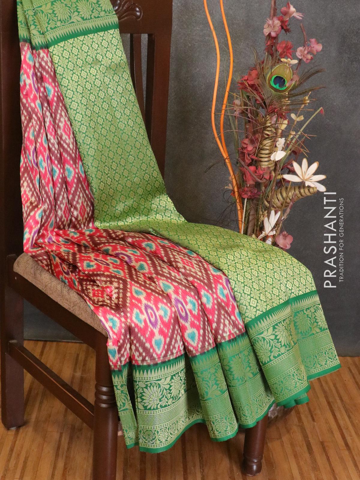 Malai silk saree pink and green with allover self emboss ikat prints and floral zari woven border - Image 3
