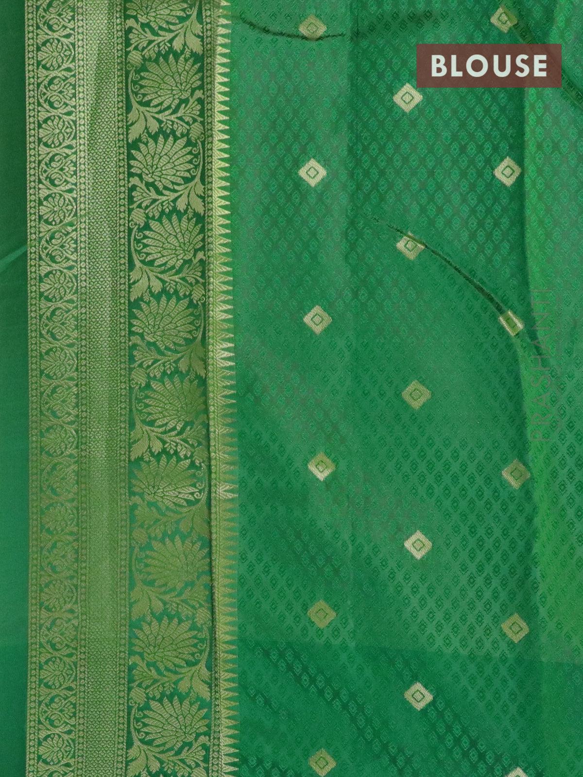 Malai silk saree pink and green with allover self emboss ikat prints and floral zari woven border - Image 4