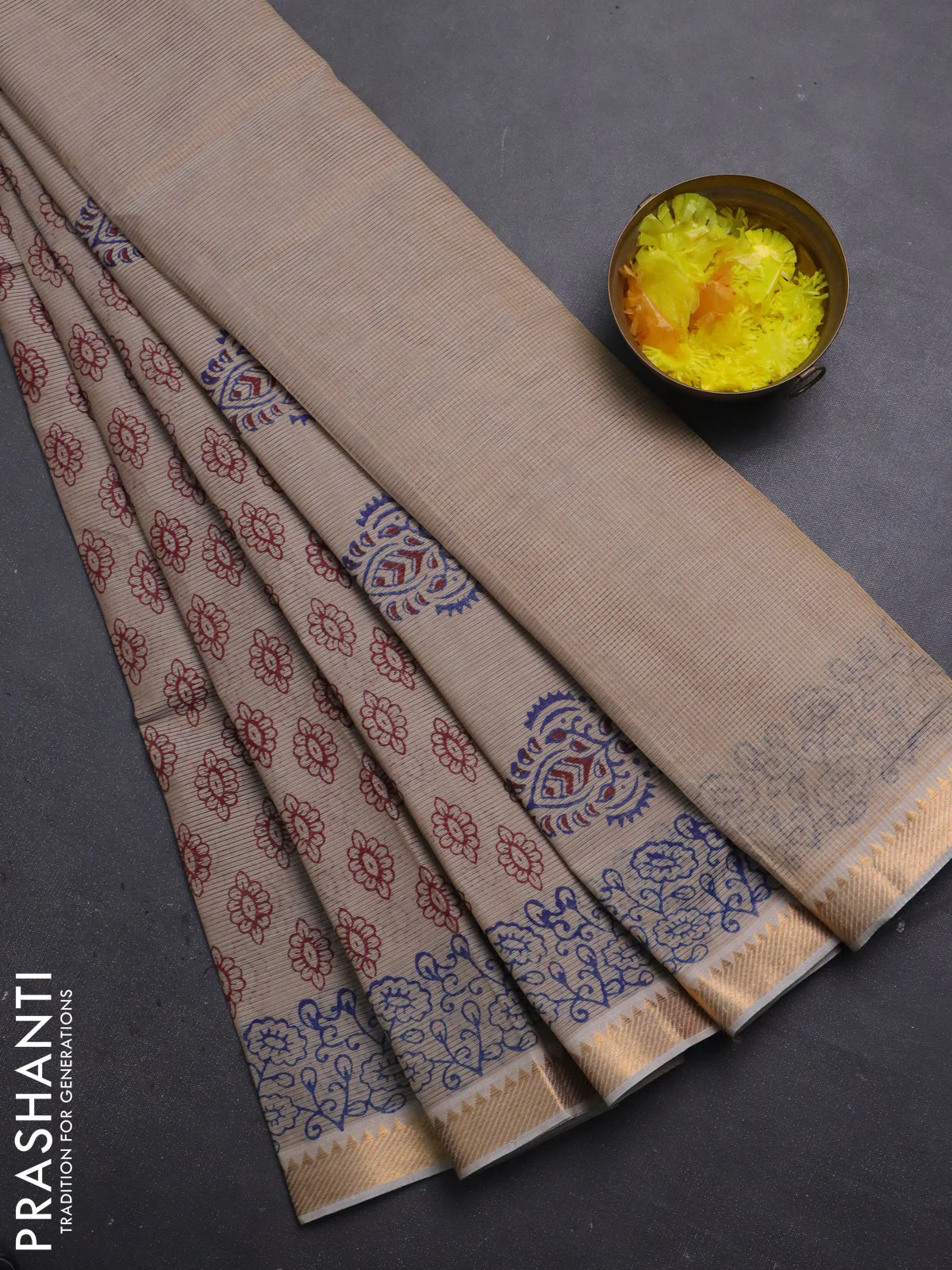 Mangalagiri cotton block printed saree beige with allover butta prints and mangalgiri border