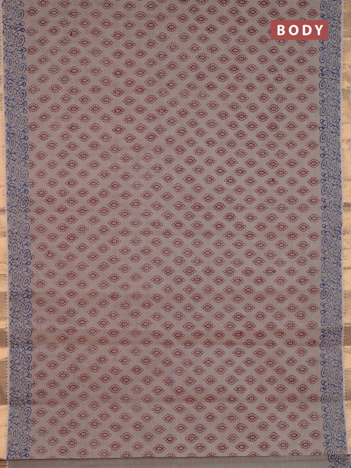 Mangalagiri cotton block printed saree beige with allover butta prints and mangalgiri border - Image 2