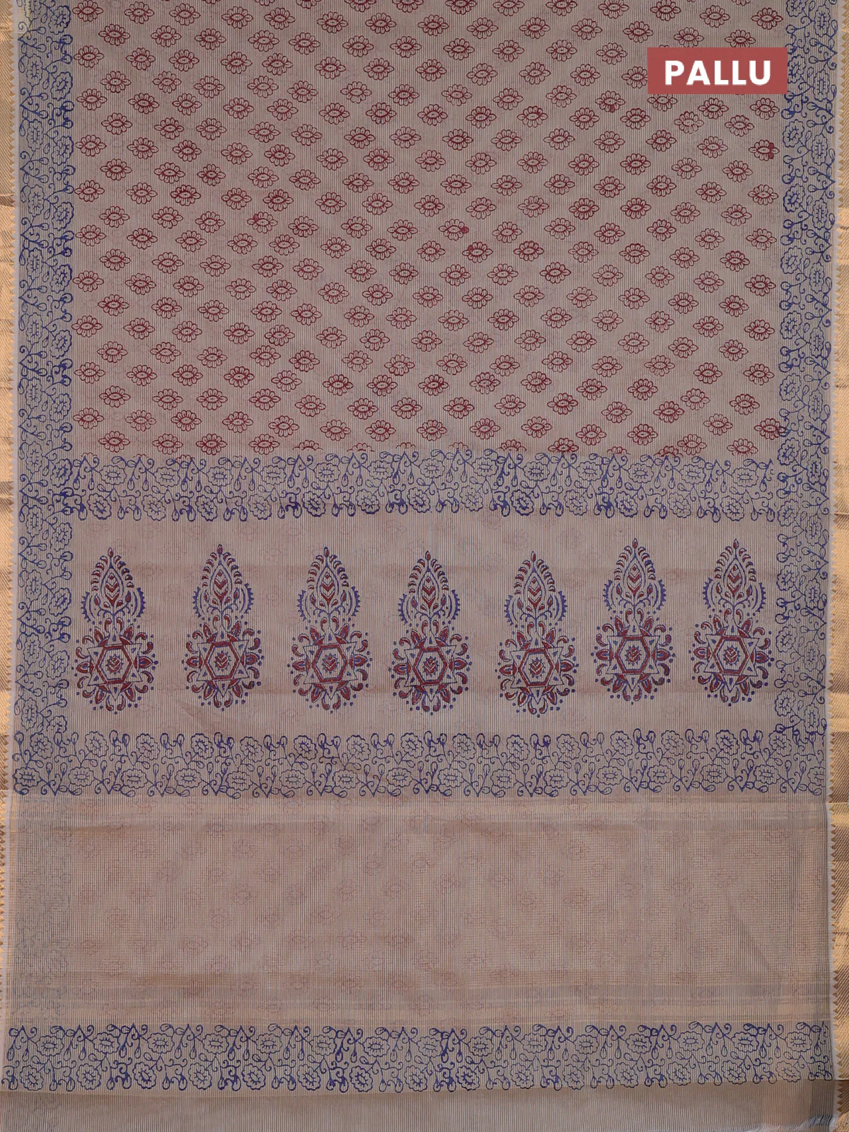 Mangalagiri cotton block printed saree beige with allover butta prints and mangalgiri border - Image 3