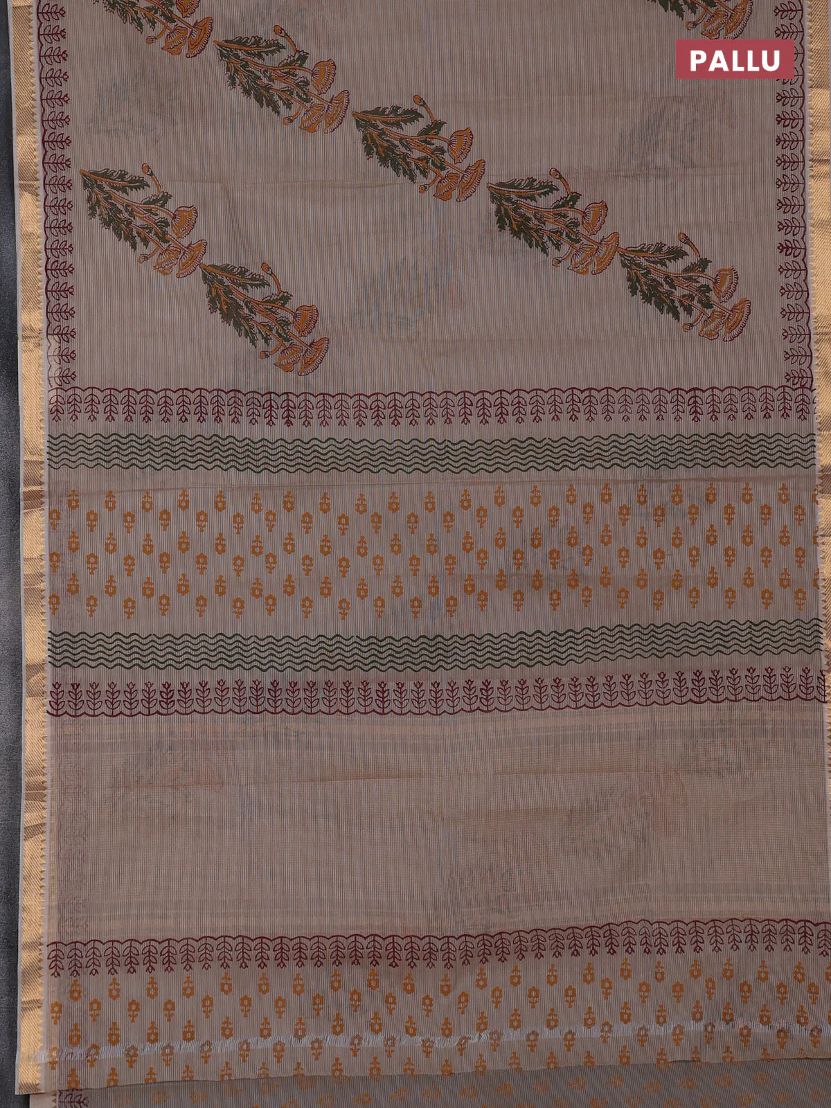 Mangalagiri cotton block printed saree beige with butta prints and mangalgiri border - Image 3
