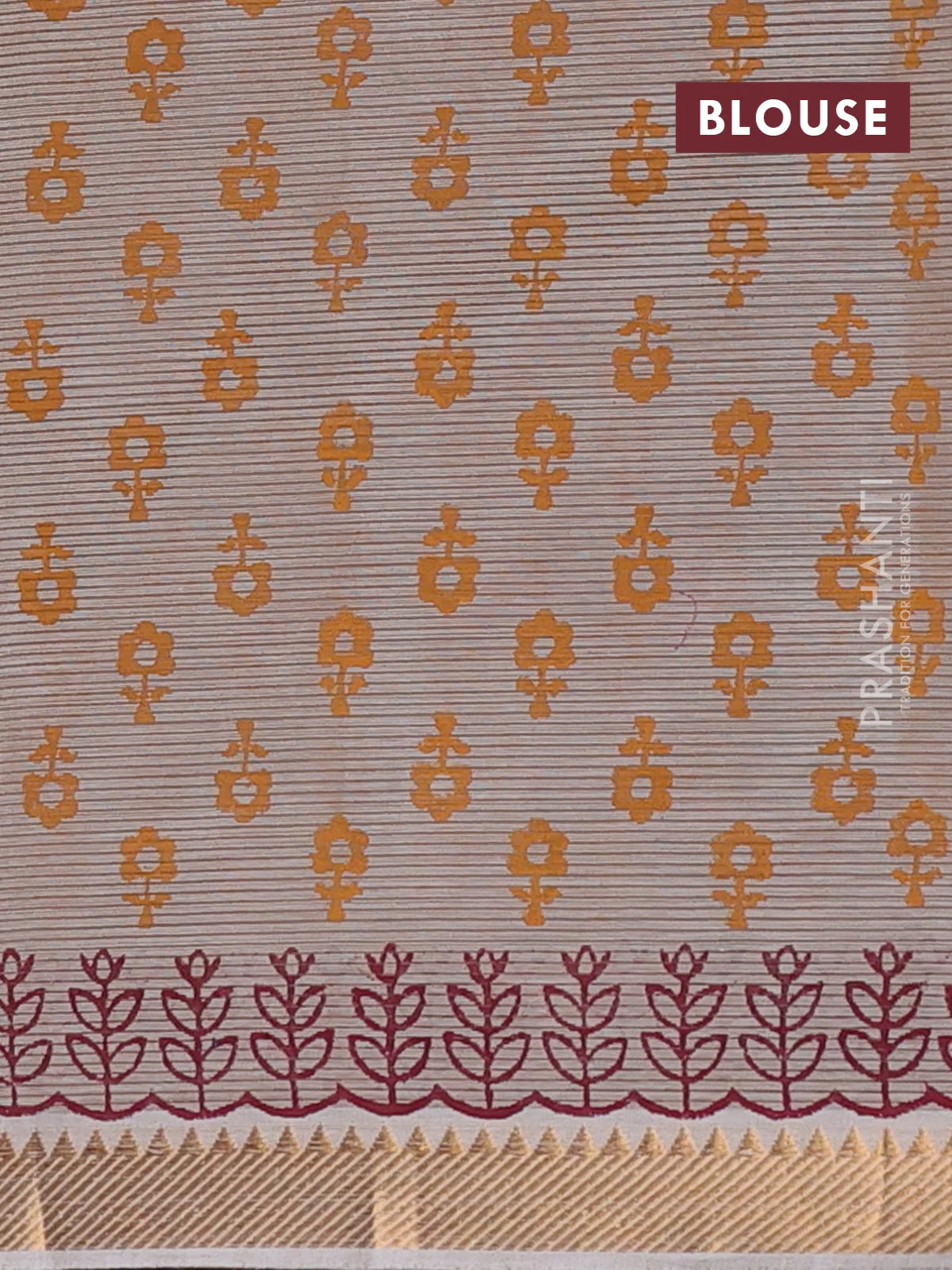 Mangalagiri cotton block printed saree beige with butta prints and mangalgiri border - Image 4