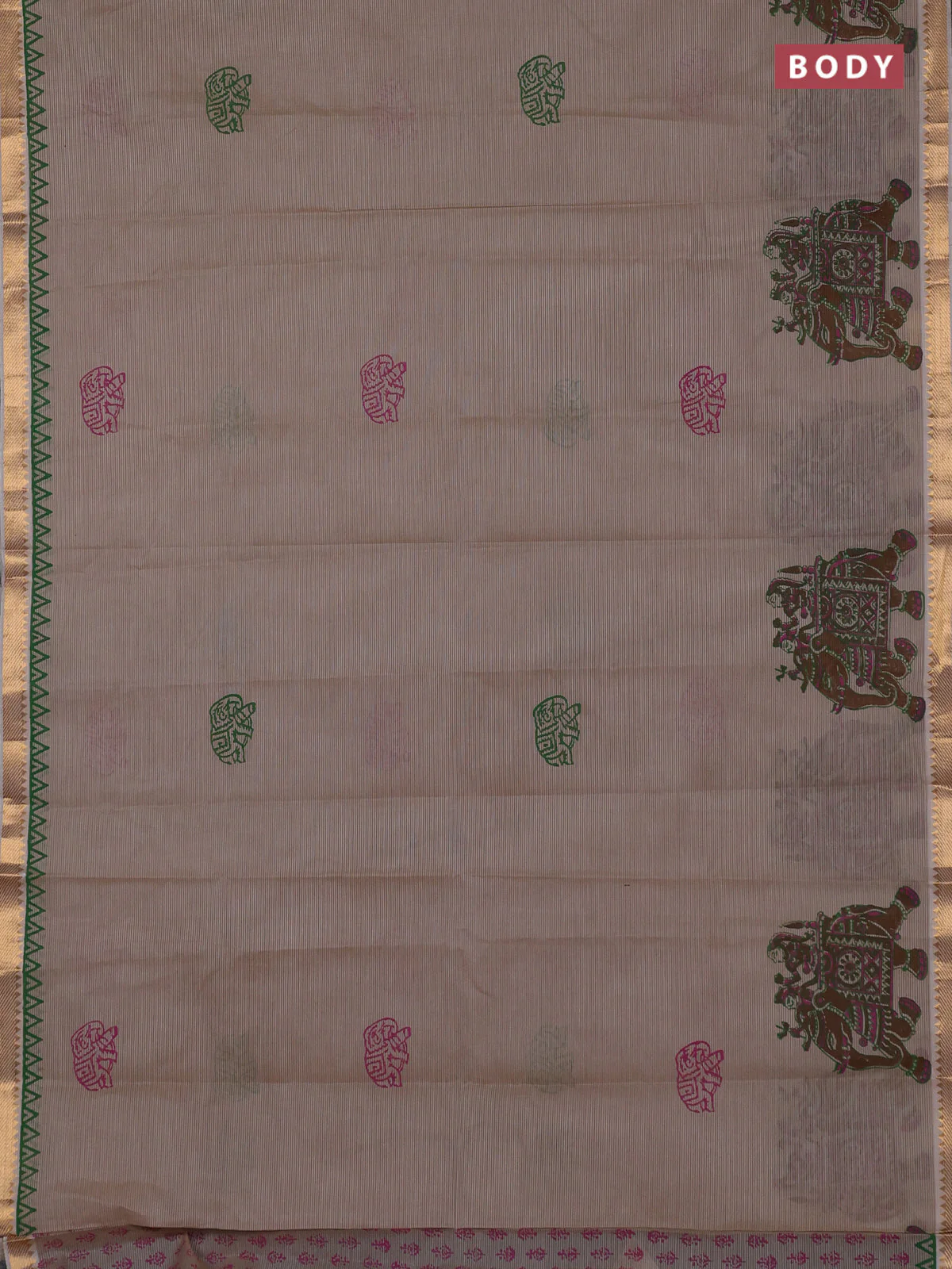 Mangalagiri cotton block printed saree beige with elephant butta prints and mangalgiri border - Image 2